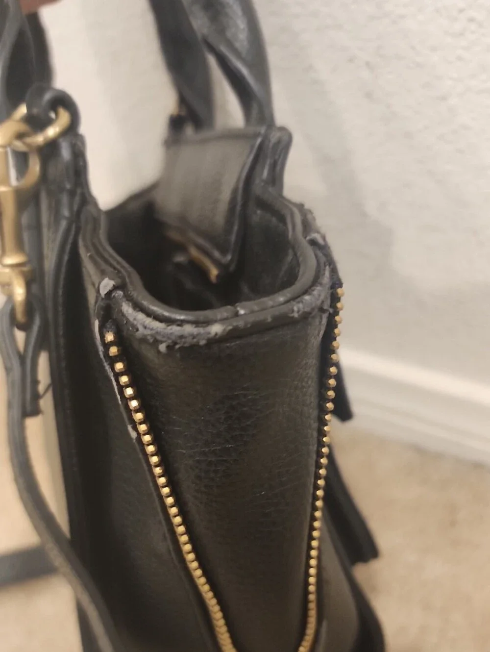 Black Leather Satchel Handbag with Gold Hardware